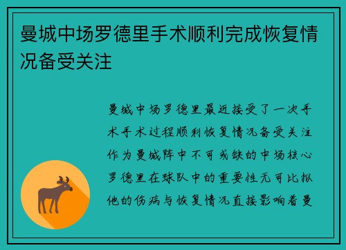 曼城中场罗德里手术顺利完成恢复情况备受关注